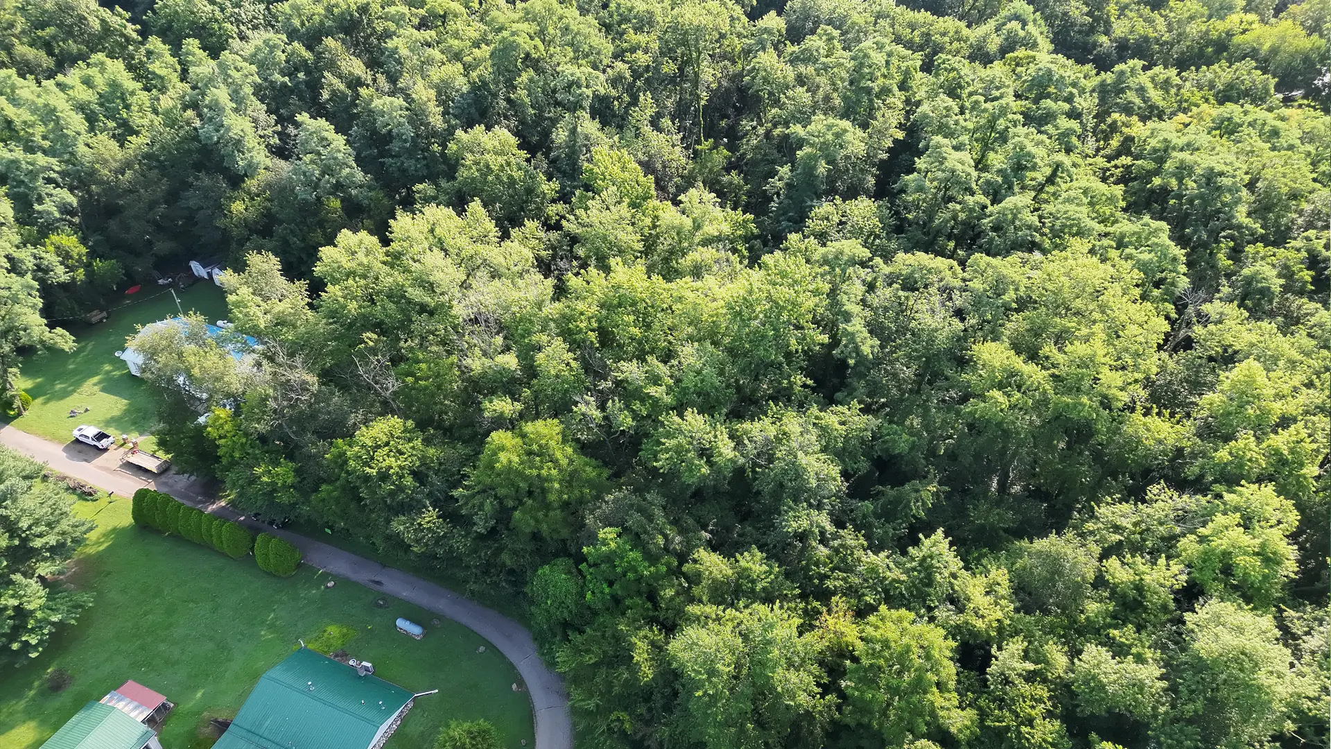 Aerial photo showing the wooded lot's road frontage and neighboring properties