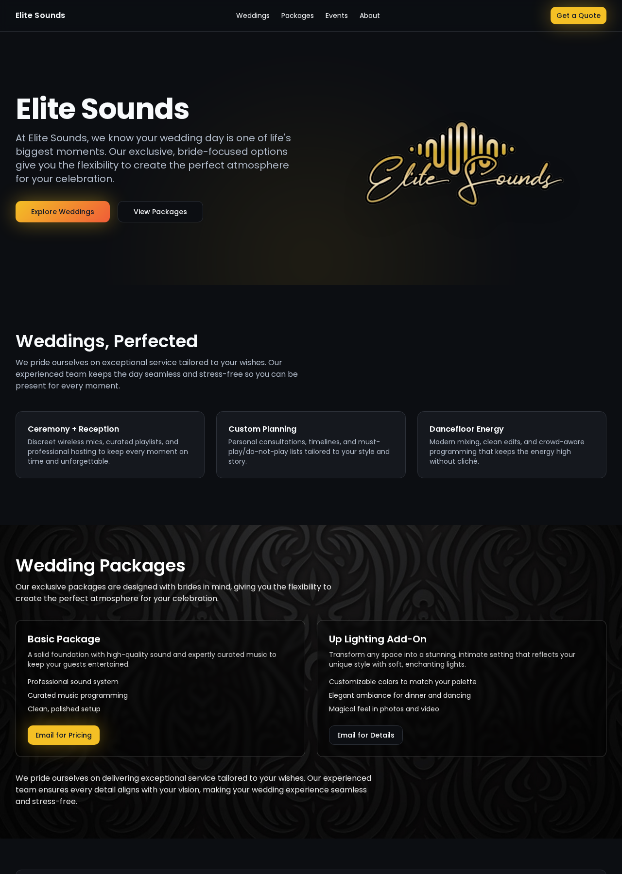 Screenshot of the Elite Sounds wedding and event DJ website homepage