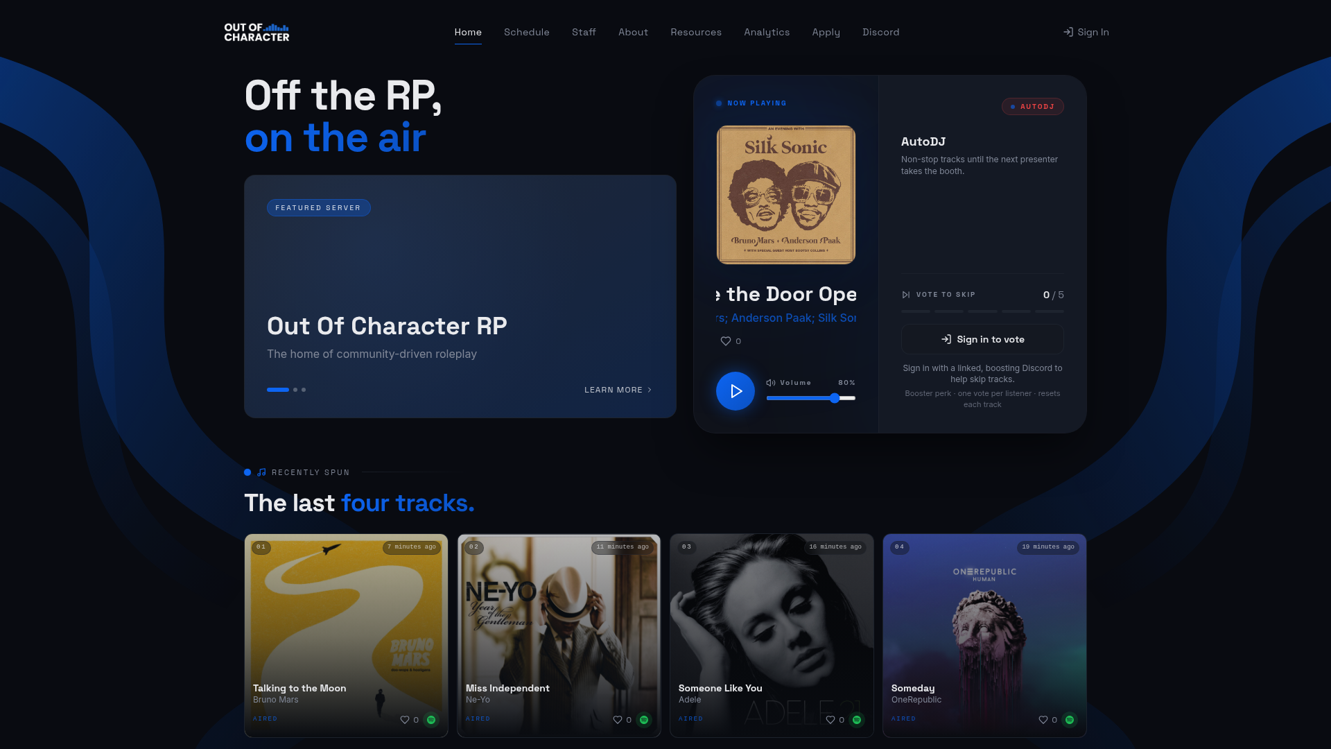 Screenshot of the OOCRadio website homepage